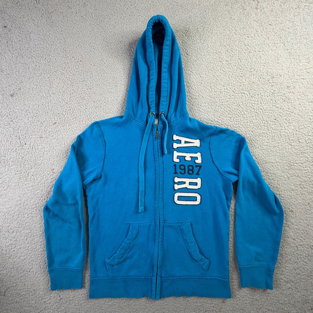 Aeropostale Y2K Blue Full Zip Hoodie 1987 Aero Applique Sweatshirt Mens Small